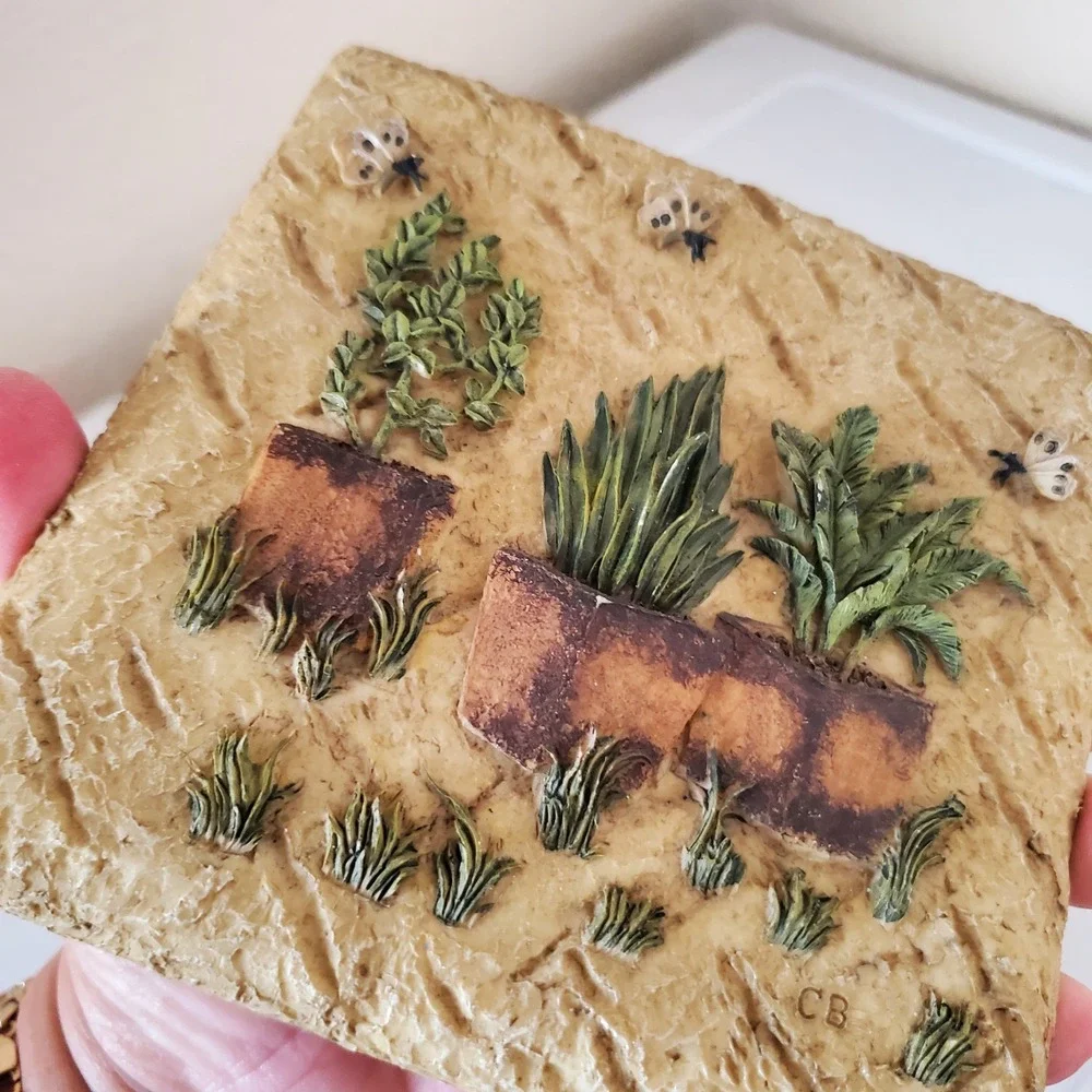 Vintage CB Beehive and Potted Plants Resin Wall Plaques Set of 2 Garden Art